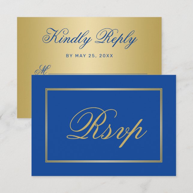 Chic Sapphire Blue Gold Script Calligraphy Wedding RSVP Card (Front/Back)