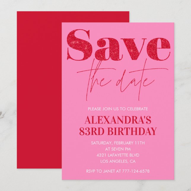 Chic Save the date Red Pink 83rd birthday Invitation (Front/Back)