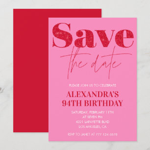 Chic Save the date Red Pink 94th birthday Invitation