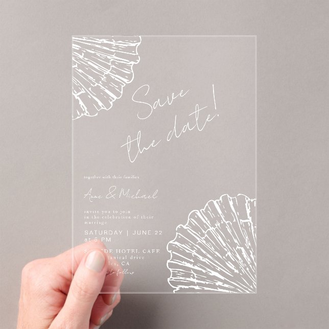 Chic Scallop Shell Save The Date Elegant Wedding Acrylic Invitations (Insitu (Handheld))