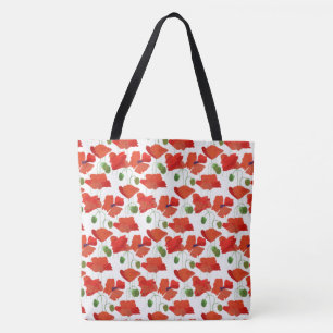 Chic Scarlet Field Poppies Floral Pattern on White Tote Bag