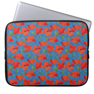 Chic Scarlet Field Poppies on Blue Laptop Sleeve