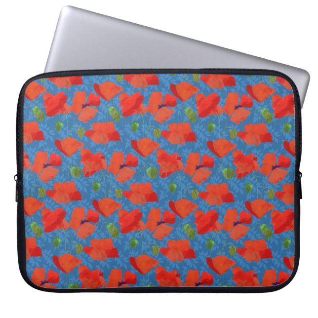 Chic Scarlet Field Poppies on Blue Laptop Sleeve (Front)
