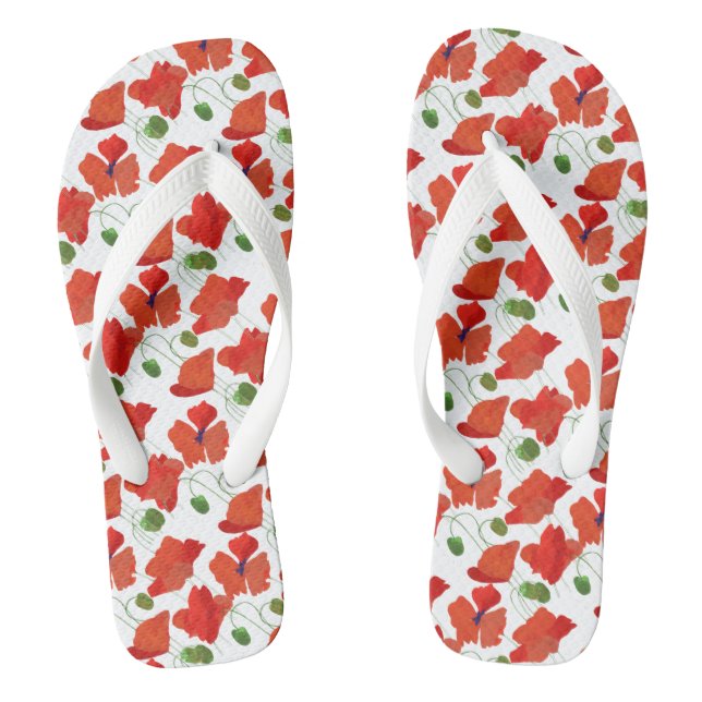 Chic Scarlet Field Poppies on White to Customise Thongs (Footbed)