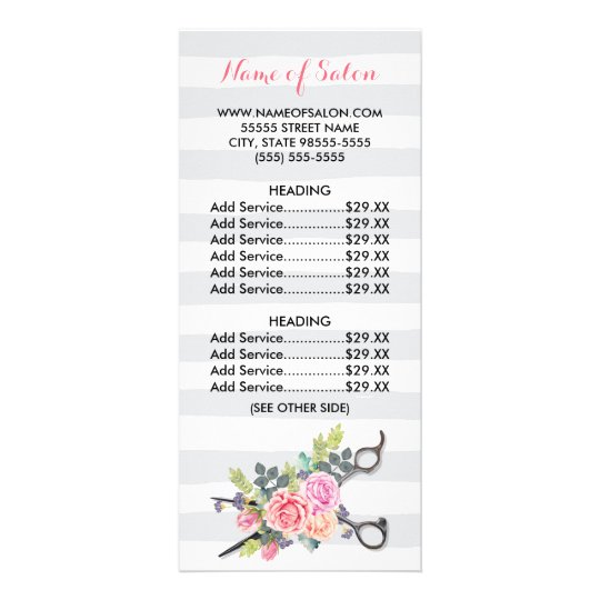 Chic Scissors Hairstylist Stripes Roses Price List Rack Card