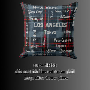 chic scottish blue red tartan plaid  & mega cities cushion