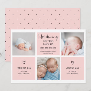 Chic script 3 photo collage pink baby twins birth announcement