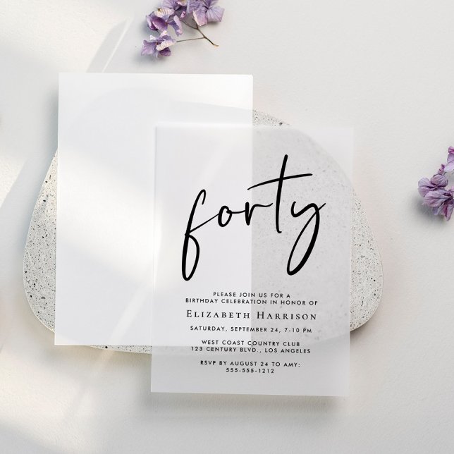 Chic Script 40th Birthday Party Vellum Invitations (Creator Uploaded)