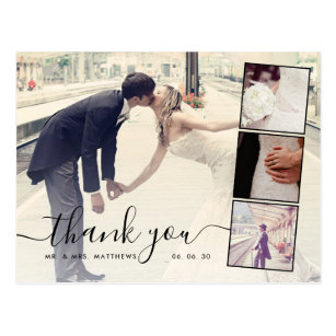 Chic Script 4 Photo Collage Wedding Thank You Postcard