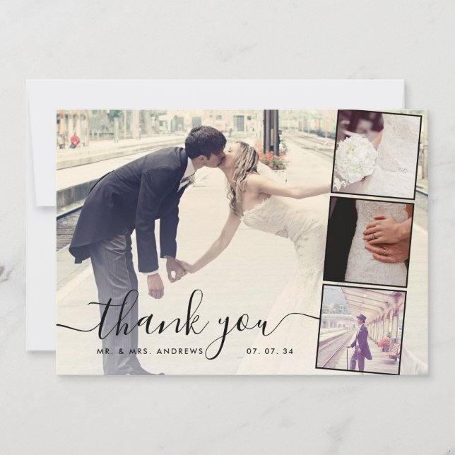 Chic Script 4 Photos Collage Wedding Thank You Card (Front)