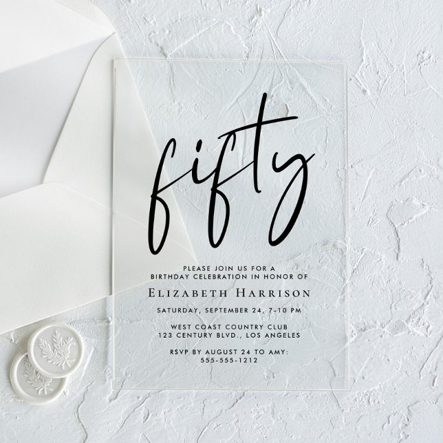 Chic Script 50th Birthday Party Acrylic Invitations (Creator Uploaded)