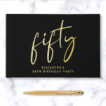 Chic Script 50th Birthday Party Guest Book<br><div class="desc">Elevate her 50th birthday party with this elegant black guestbook featuring genuine gold foil,  "fifty" in a large chic script and her name in modern typography. Personalise the title on the spine and change the foil colour to silver or rose gold if desired.</div>