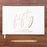 Chic Script 50th Birthday Party Rose Gold Guest Book<br><div class="desc">Elevate her 50th birthday party with this elegant white guestbook featuring genuine rose gold foil,  "fifty" in a large chic script and her name in modern typography,  Personalise the title on the spine and change the foil colour to silver or gold if desired.</div>