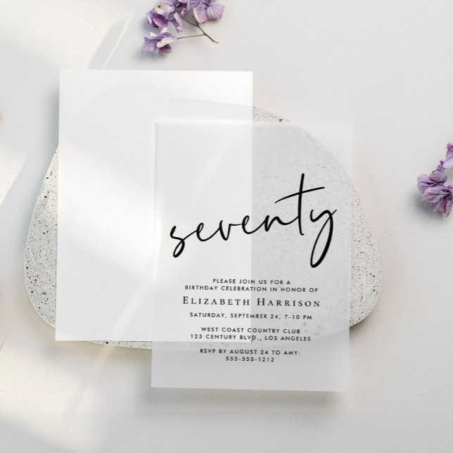 Chic Script 70th Birthday Party Vellum Invitations (Creator Uploaded)