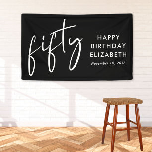 Chic Script Black 50th Birthday Party Banner