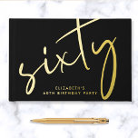 Chic Script Black 60th Birthday Party Guest Book<br><div class="desc">An chic black guestbook for her 60th birthday party featuring genuine gold foil,  "sixty" in an elegant oversized script and her name in simple lettering. Personalise the title on the spine and change the foil colour to silver or rose gold if desired.</div>