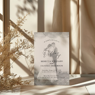 Chic Script Black and White Overlay Photo Wedding Invitation