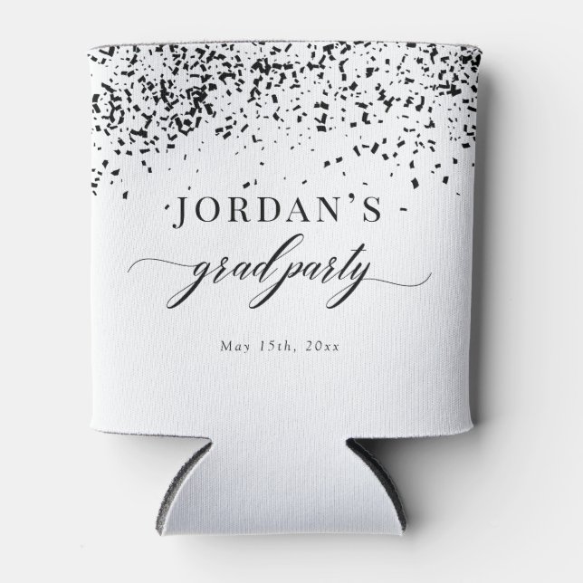 Chic Script Black Confetti Graduation Can Cooler (Front)