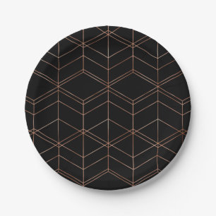 Chic Script Black & Copper Geometric Pattern Paper Plate