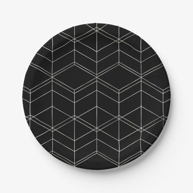 Chic Script Black & Foil Silver Geometric Pattern Paper Plate (Front)