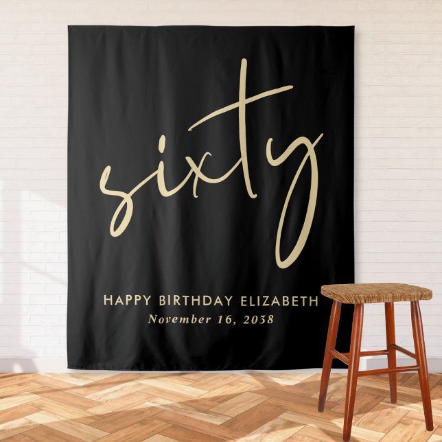 Chic Script Black Gold 60th Birthday Party Tapestry (Creator Uploaded)