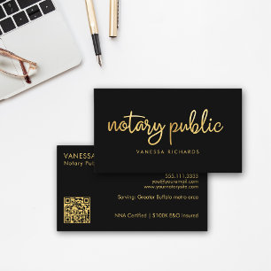 Chic Script Black & Gold Notary Name Modern QR  Business Card