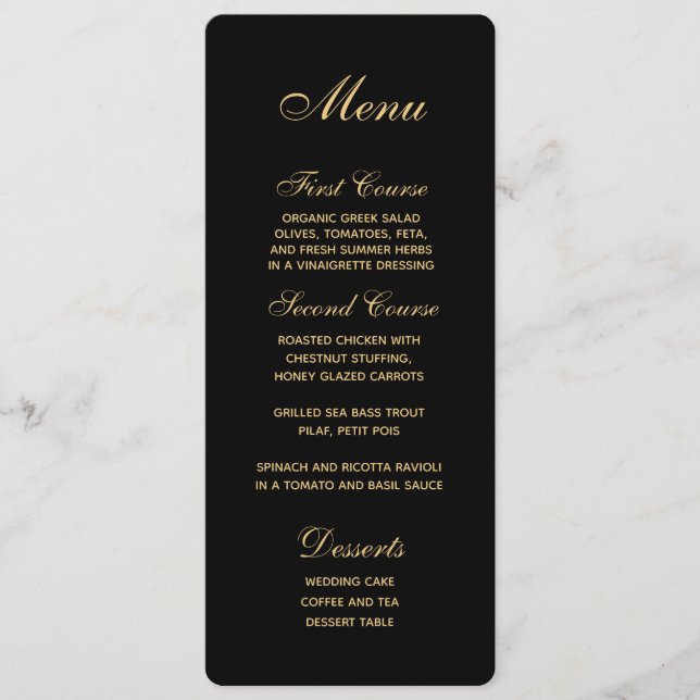 Chic Script Black Gold Wedding Menu (Front)