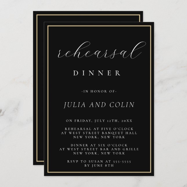 Chic Script Black Rehearsal Dinner Invitation (Front/Back)