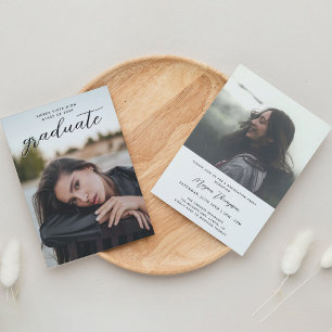 Chic Script Black Two Photo Graduation Party Invitation