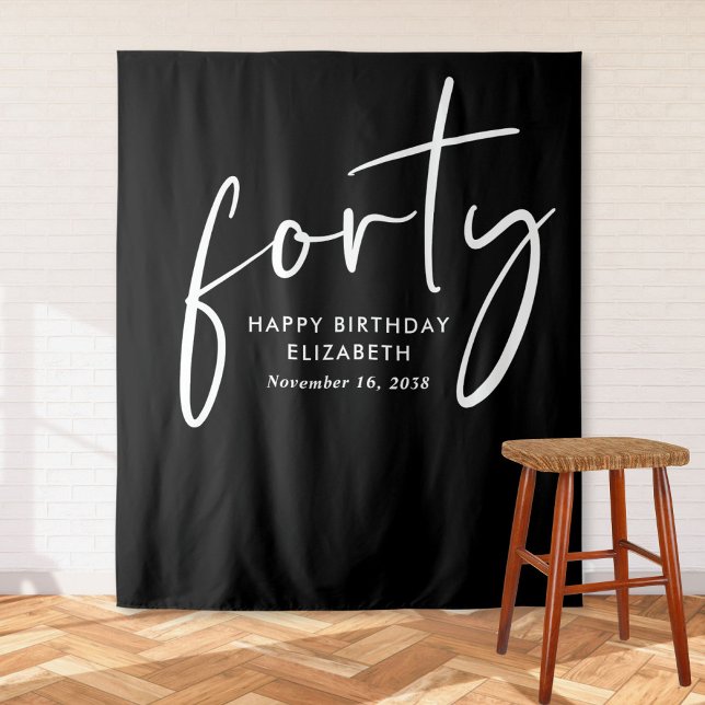Chic Script Black White 40th Birthday Party Tapestry (Creator Uploaded)
