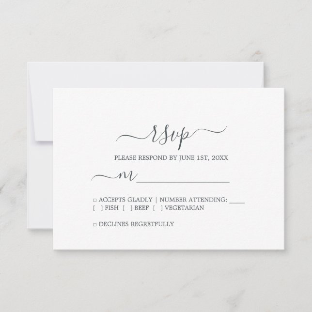 Chic Script Black White Minimal Wedding RSVP Card (Front)