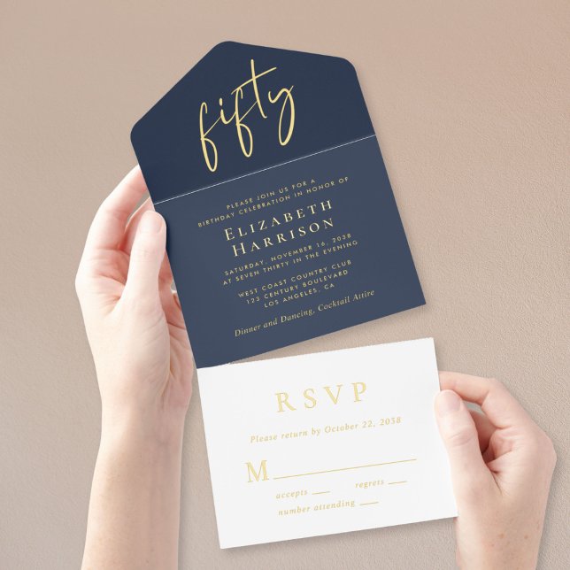 Chic Script Blue 50th Birthday Party All In One Invitation (Creator Uploaded)