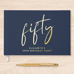 Chic Script Blue 50th Birthday Party Guest Book