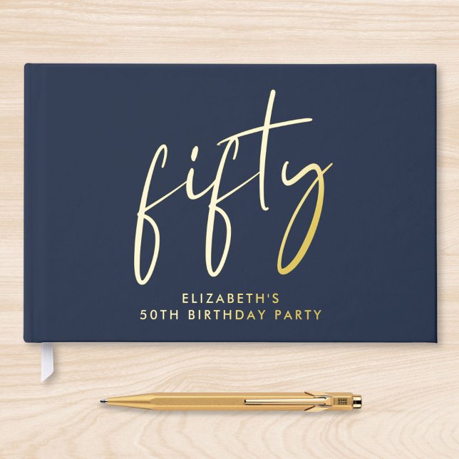 Chic Script Blue 50th Birthday Party Guest Book (Creator Uploaded)
