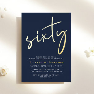 Chic Script Blue 60th Birthday Party Gold