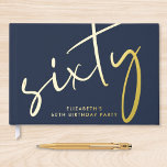 Chic Script Blue 60th Birthday Party Guest Book<br><div class="desc">An chic dark blue guestbook for her 60th birthday party featuring your choice of genuine gold,  silver or rose gold foil,  "sixty" in an elegant oversized script,  her name in simple lettering and your personalised title on the spine.</div>