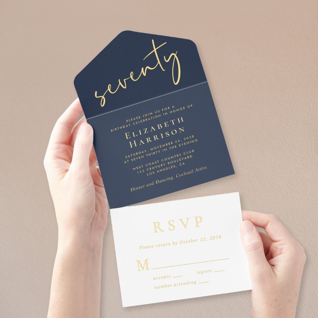 Chic Script Blue 70th Birthday Party All In One Invitation (Creator Uploaded)