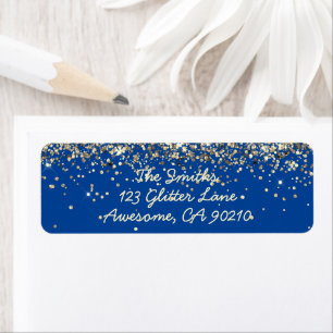 Chic Script Blue Glitter Wedding Return Address Label