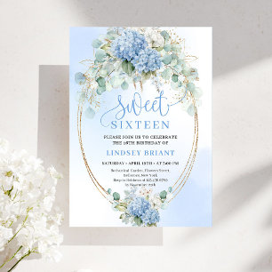 Chic Script Blue Hydrangea Gold Sweet Sixteen Invitation