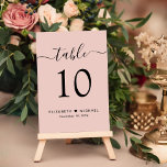 Chic Script Blush Pink Wedding Reception Table Number<br><div class="desc">Chic blush pink wedding reception table number sign featuring "table" in an elegant calligraphy script with swashes, the table number in classic serif typography, your first names joined by a heart and your reception date. Create each table number sign and add to your shopping cart one at a time, then...</div>
