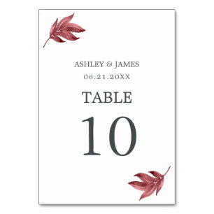 Chic Script Burgundy Leaf Minimal Wedding Table Number
