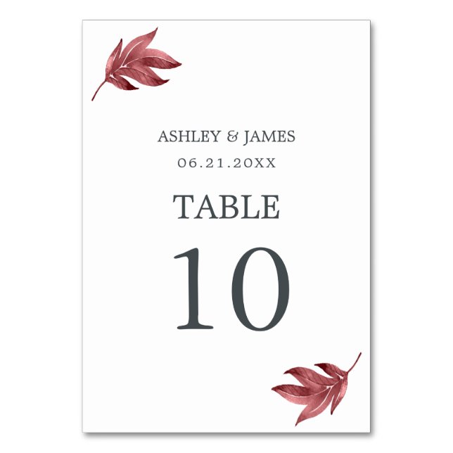 Chic Script Burgundy Leaf Minimal Wedding Table Number (Front)