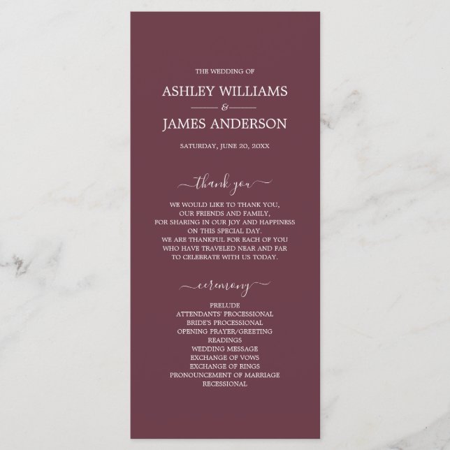 Chic Script Burgundy Simple Minimal Wedding Program (Front)
