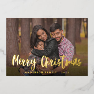Chic Script Calligraphy Family Photo Christmas Foil Holiday Card