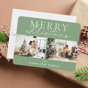 Chic Script Calligraphy Merry Christmas Two Photo Card