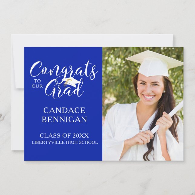 Chic Script CONGRATS GRAD Typography Royal Blue Announcement (Front)