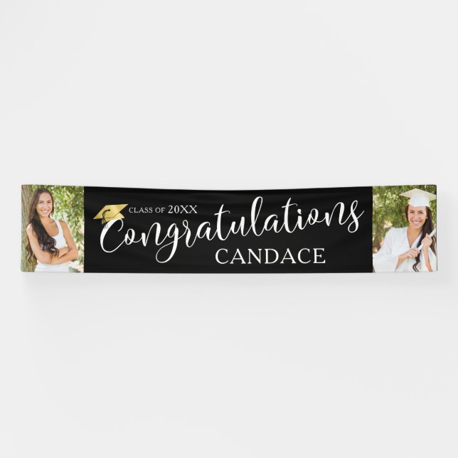 Chic Script CONGRATULATIONS Photo Graduation Black Banner (Horizontal)