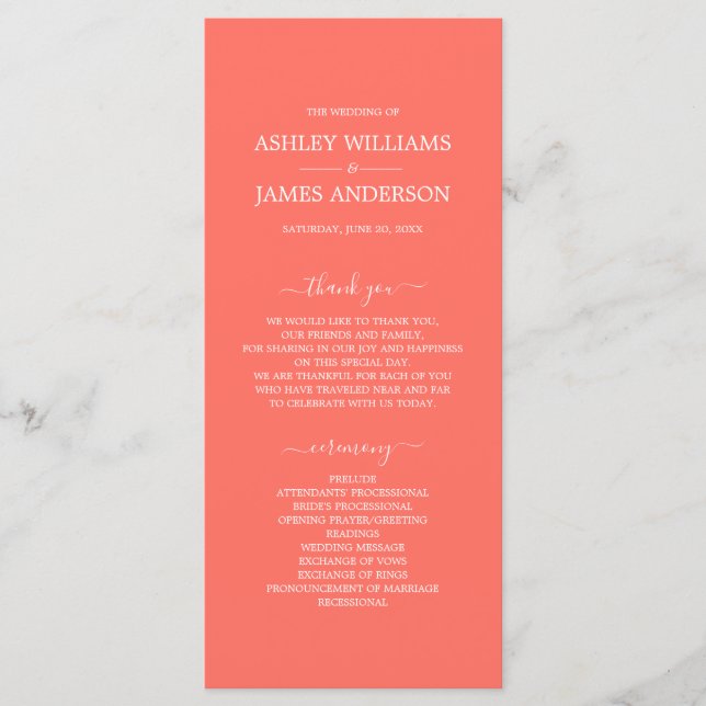 Chic Script Coral Simple Minimal Wedding Program (Front)