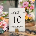 Chic Script Cream Wedding Reception Table Number<br><div class="desc">Chic light cream wedding reception table number sign with "table" in a calligraphy script with swashes, the table number in elegant serif typography, your first names joined by a heart and your reception date. Create each table number and add to your shopping cart one at a time, then check out...</div>