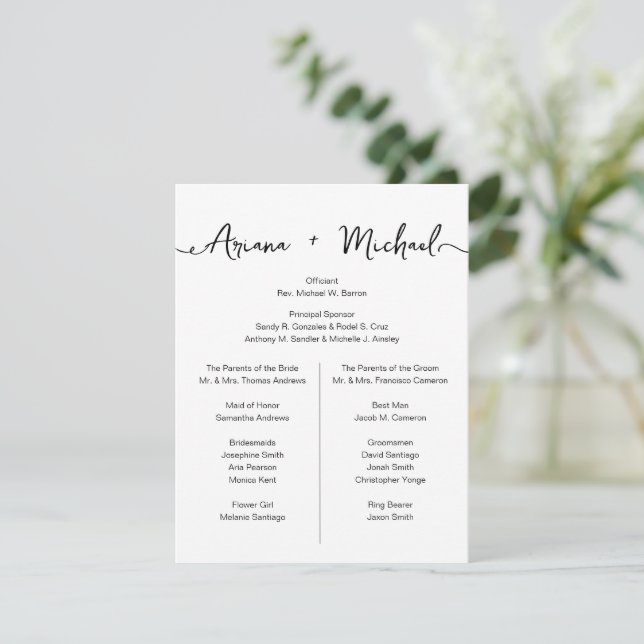 Chic script Custom Entourage list Simple wedding  Invitation (Standing Front)